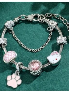 Hello Kitty Silver Charm Bracelet with Pink Enamel Accents